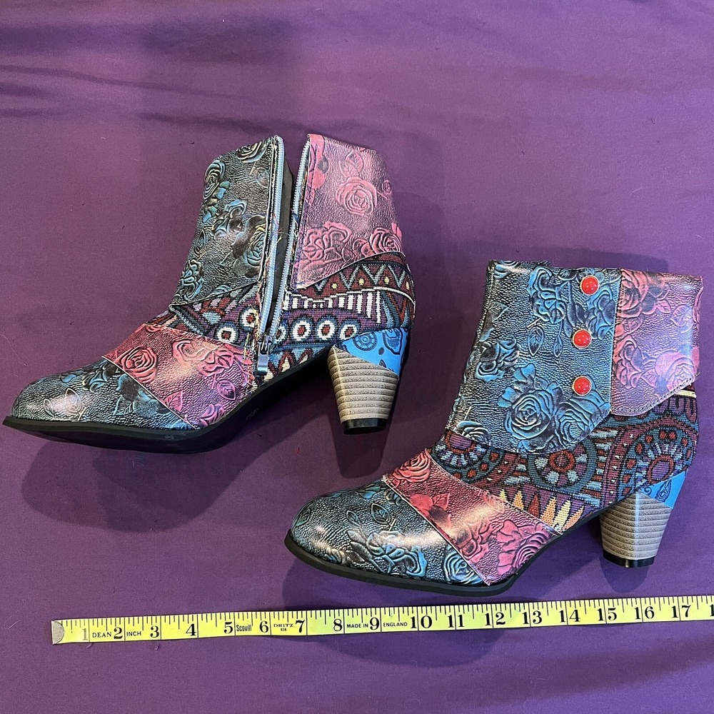 Boho Retro American Style Womens Ankle Boots High Block Heel Zipper Floral Print